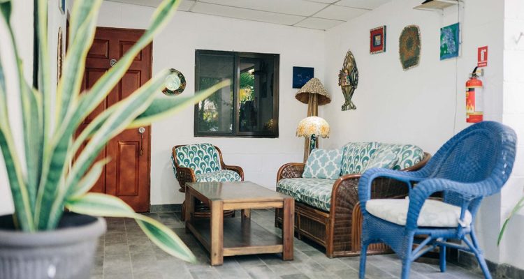 Cargando imagen de una sala de estar acogedora y decorada con muebles de mimbre y arte decorativo.