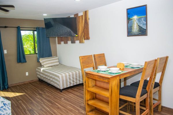 Amueblado y acogedor apartamento con cama individual, comedor y vistas a la naturaleza en Olas Permanentes, lugar ideal para surfistas y amantes del mar.